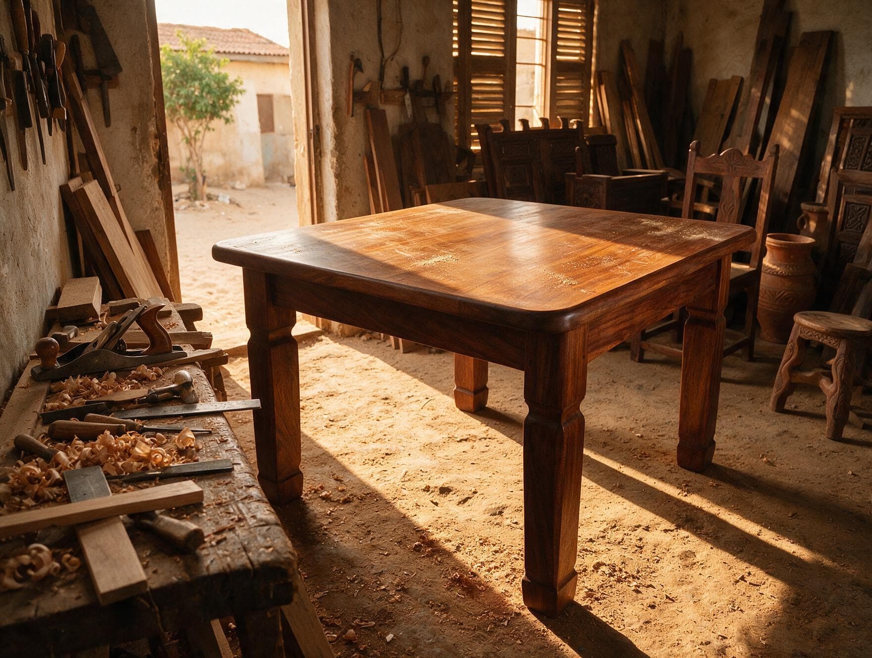 Pièce en cours de finition, copeaux et outils à main